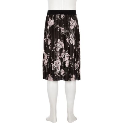 Girls black pleated floral midi skirt
